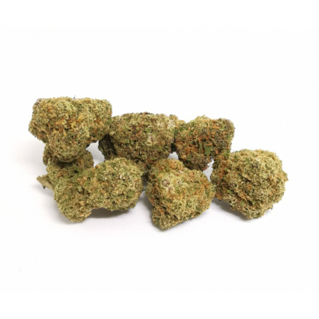 Hindu Kush sfusa con pezzature compatte verdi e venature violacee e arancio