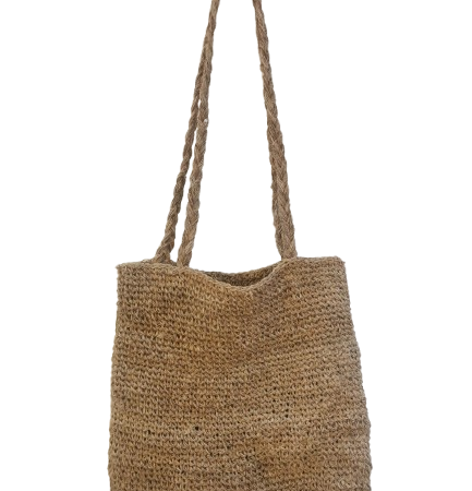 Acquista la borsa shopper in spago di canapa naturale color juta. Lavorata a mano all'uncinetto, resistente e sostenibile. Altezza totale con manico 73 cm.