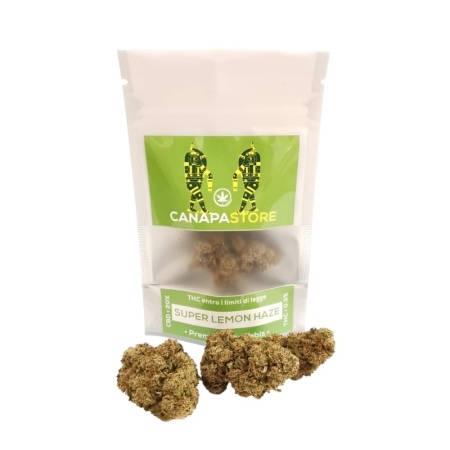 Lemon Haze bustina bianca rettangolare con etichetta verde e disegno e fiori di canapa cbd davanti