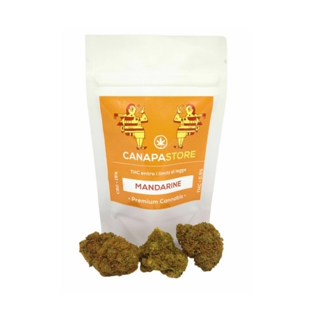 Bustina di canapa light mandarine con 3 cime cbd aranciate davanti