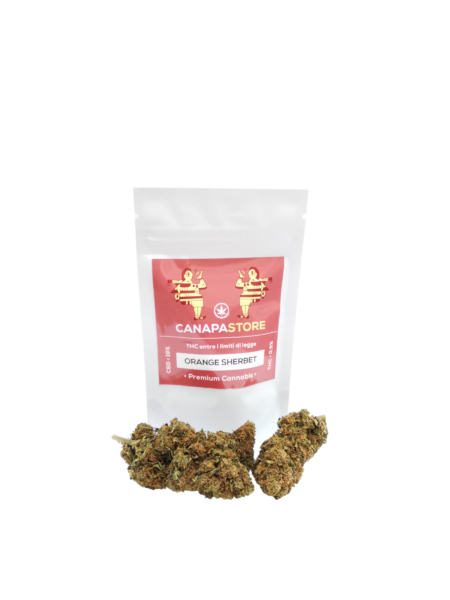 Oreange sherbet bustina rettangolare con etichetta arancione cime davanti di cbd canapa
